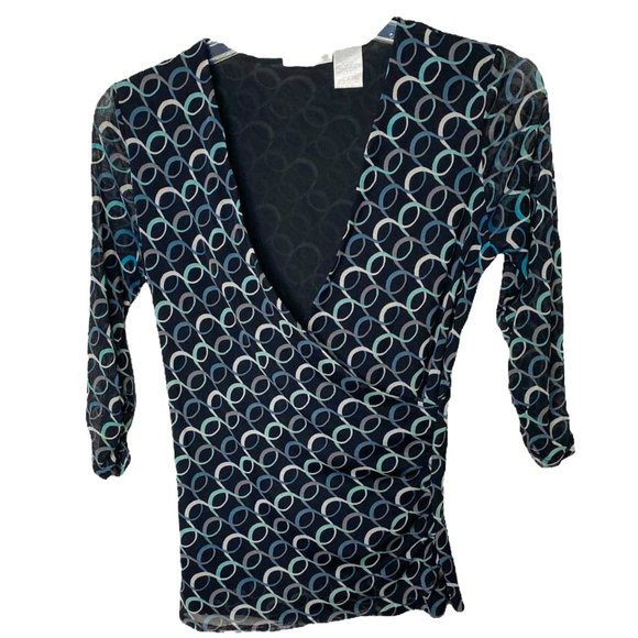 Worthington Womens Black Geometrical Print Mesh Knit Surplice Top Size M - Picture 1 of 10